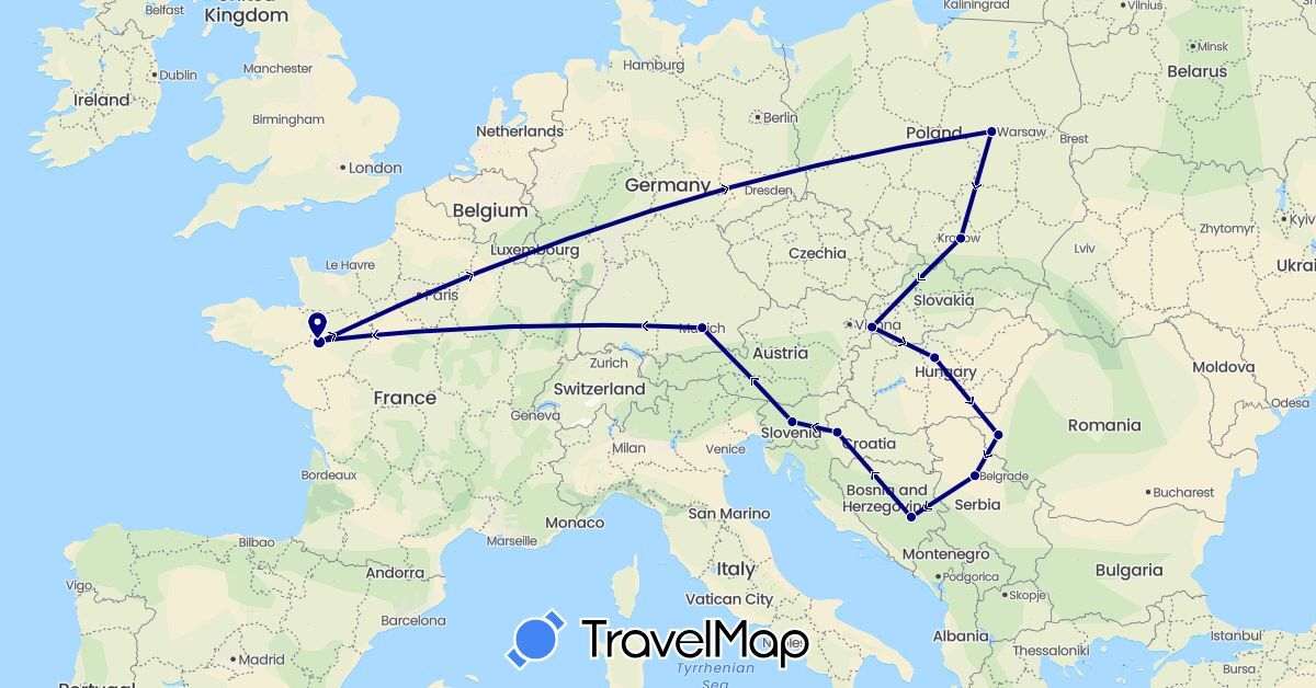 TravelMap itinerary: driving in Bosnia and Herzegovina, Germany, France, Croatia, Hungary, Poland, Romania, Serbia, Slovenia, Slovakia (Europe)